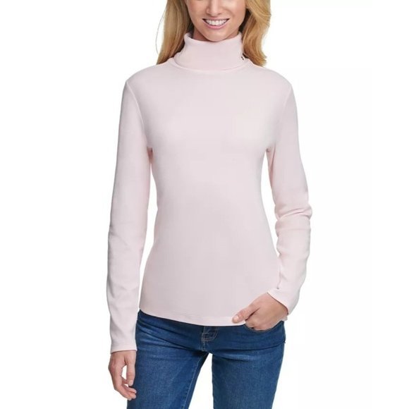 TOMMY HILFIGER Cotton Turtleneck Top in Ballet Pink - Picture 1 of 4